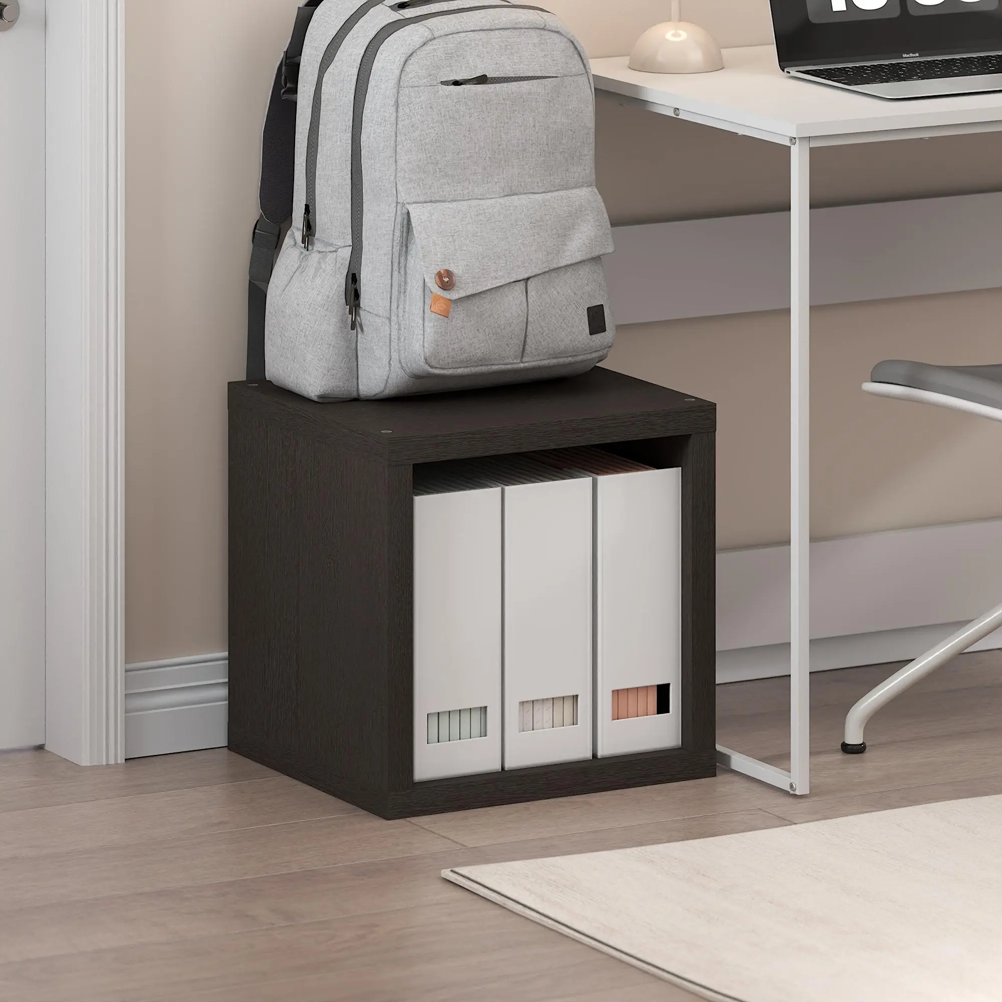 Small Space Organizer Single Unit Cube Shape Bookshelf - Extra-Thick Open Back Stackable Storage Bookcase, 15.3x15.8x14.6in Indoor Furniture for Living Room, Home Office, Black Dark Oak