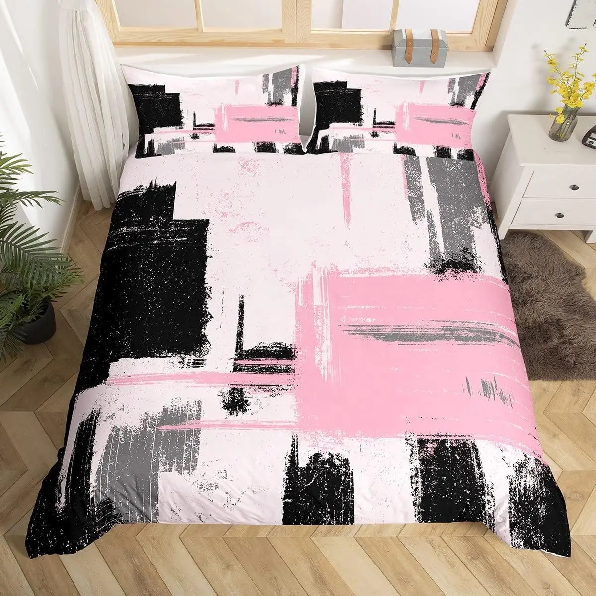 3D Print Abstract Pink Black Pattern Decorative Duvet Cover Set - Breathable Duvet Set, Modern Luxury Bedroom Bedding, Designer Bedspread Cover for Bedroom Decor (No Comforter), Bedroom Bedding Set
