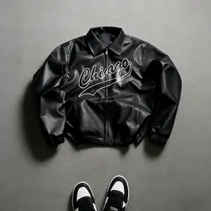 Men’s European & American Streetwear Leather Jacket with Chicago Letter Print, Lapel Collar, and Zipper Closure