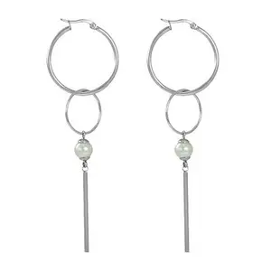 Stately Steel Double Hoop and Bead Drop Earrings