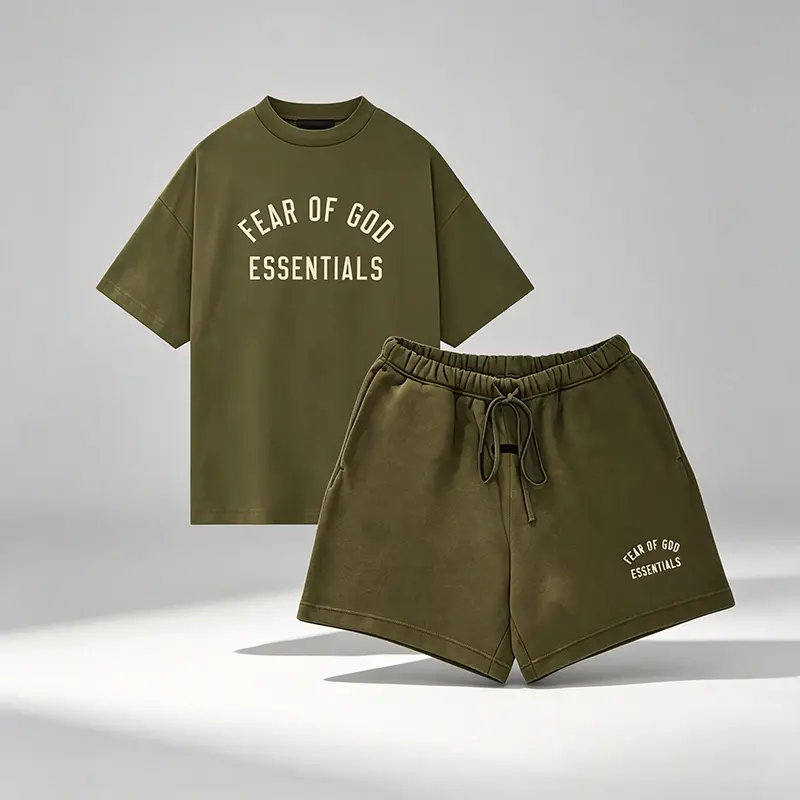 Fear of God Essentials Jersey Crewneck Tee & Fleece Soccer Short Set 'Military'