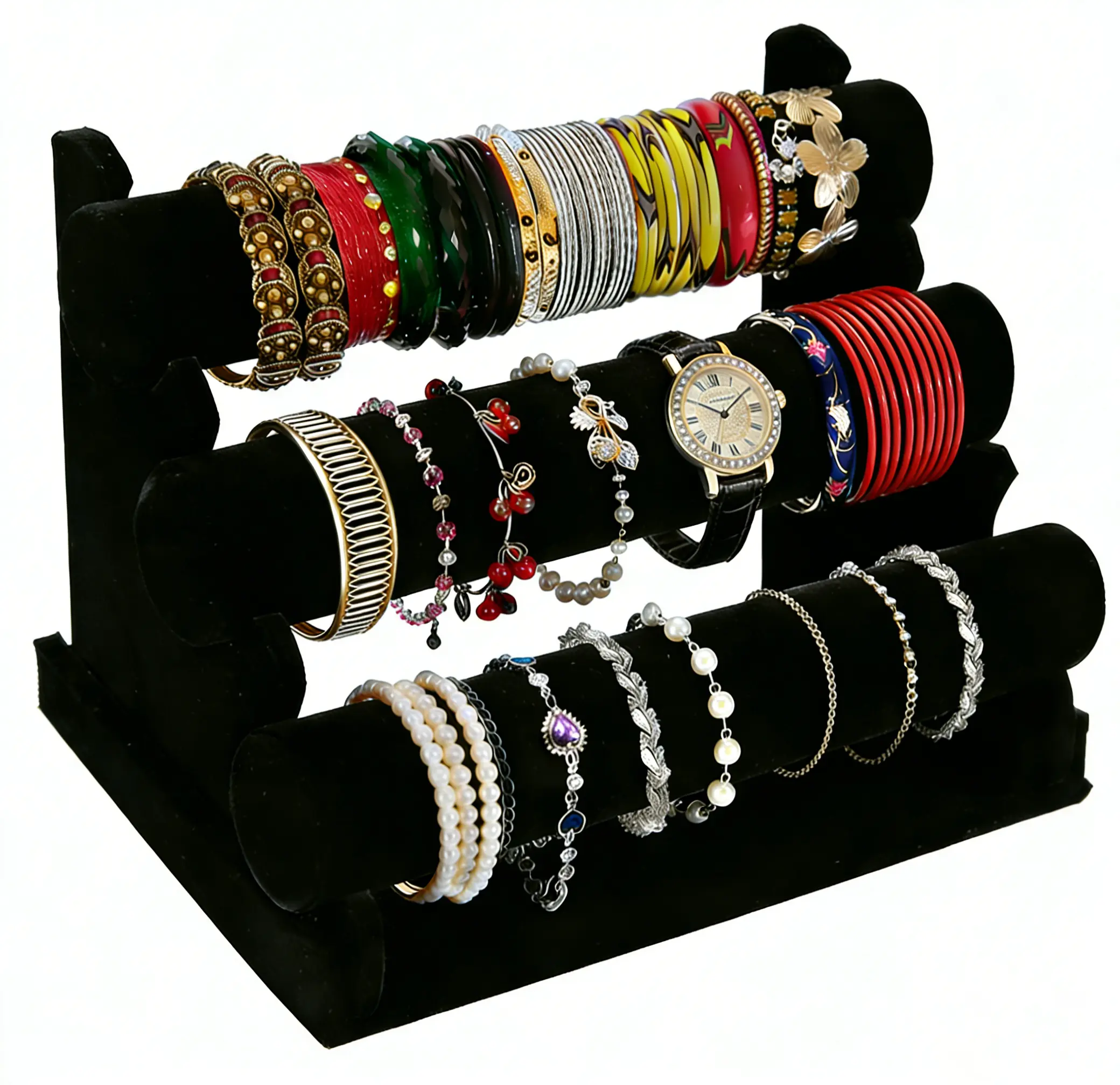 Wudygirl Black Velvet 3-Tier Jewelry Display Stand - Home Organizer Shelf, Closet Shelf, Vanity Storage Rack for Bracelets, Necklaces, Watches, Scrunchies, Fits Any Vanity, Female Gifts