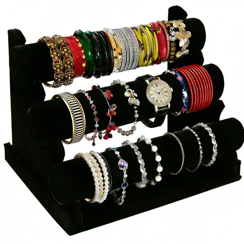 Wudygirl 3-Tier Black Velvet Chic Freestanding Jewelry Organizer - Composite Board Standalone Multi-Level Vertical Jewelry Box & Organizer, Detachable, Vanity Storage, Ideal Gift for Women (Bracelets, Necklaces), 3Tier Quick Access