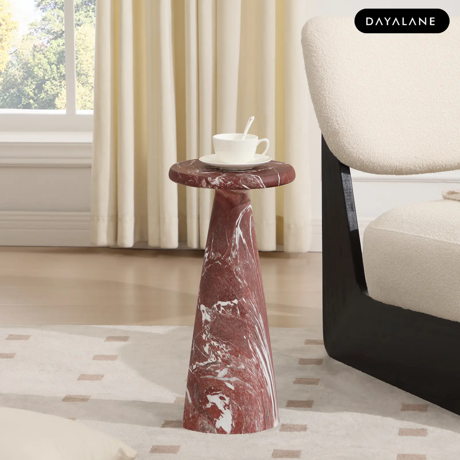 [BackToSchool]DAYALANE Modern Lauren Cultured Marbled Effect Side Table for Living Room, 9 "Round Stone Side Table Vintage Night Stand, Small Rustic Red End Table for Drink in Bedroom Apartment Waiting Room, Black White and Red