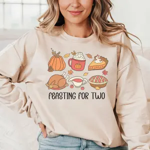 Thanksgiving Pregnancy Announcement Sweatshirt, Fall Maternity Crewneck, Feasting for Two Shirt, Retro Thanksgiving Sweater, Cute Maternity Top