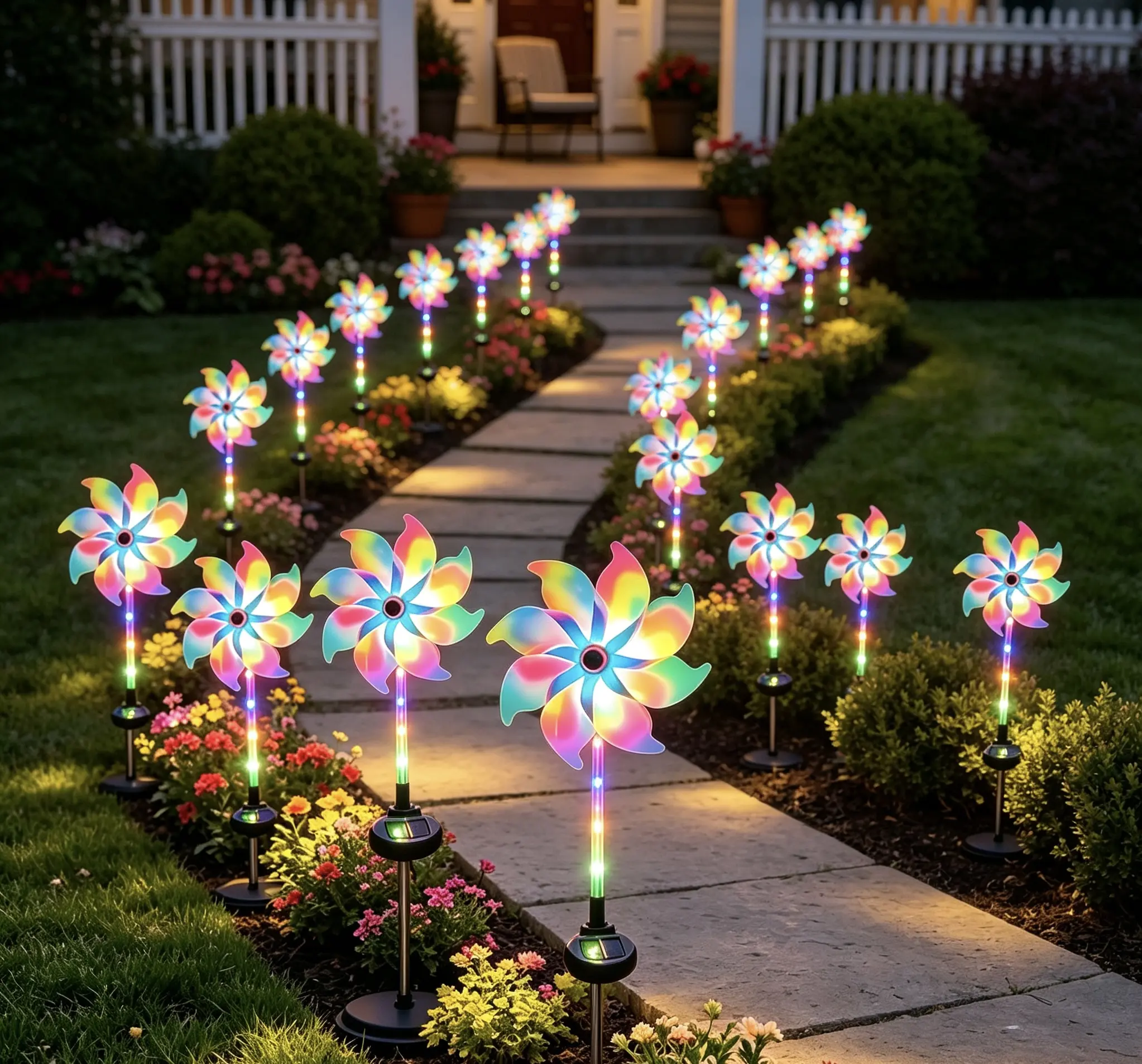 Solar LED Windmill light, 8-Mode Solar-Powered Outdoor Decor, Colorful Color-Changing Pathway Lighting for Yd & Garden, Includes 1 x AA 600mAh Ni-MH Battery