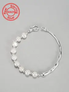 S925 Sterling Silver Natural Freshwater Pearl Decor Pretty Bracelet, Fashionable Jewelry for Women & Girls, Trendy All-match & Exquisite Jewelry for Birthday Gift