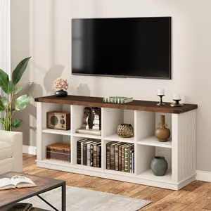 2-Tier 8-Cube Farmhouse Bookshelf, 62" Long Low Storage Bookcase for Living Room & Entryway