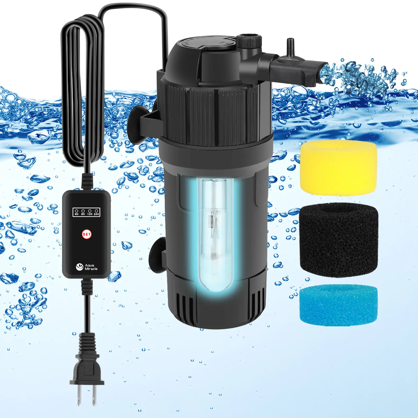 AquaMiracle U-V Aquarium Filter Fish Tank Filters Green Water Cleaning Filter Pump with Timer, Dual Mode (Aeration/Rainfall) for 10-120 Gallon Aquariums, Flow Rate and Direction Adjustable