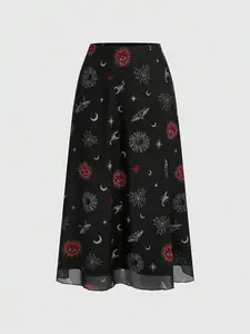 Gothic Women's Vintage Sun Moon Star Eye Print Skirt, Heart Shape A-Line Punk Skirt, Retro Fairy Boho Bohemian Hippie Style, All Seasons, Unique Prints, Womenswear