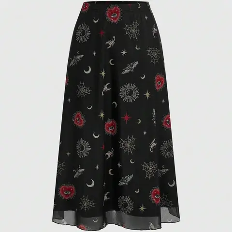 Gothic Women's Vintage Sun Moon Star Eye Print Skirt, Heart Shape A-Line Punk Skirt, Retro Fairy Boho Bohemian Hippie Style, All Seasons, Unique Prints, Printed Skirt, Womenswear, Boho Skirts