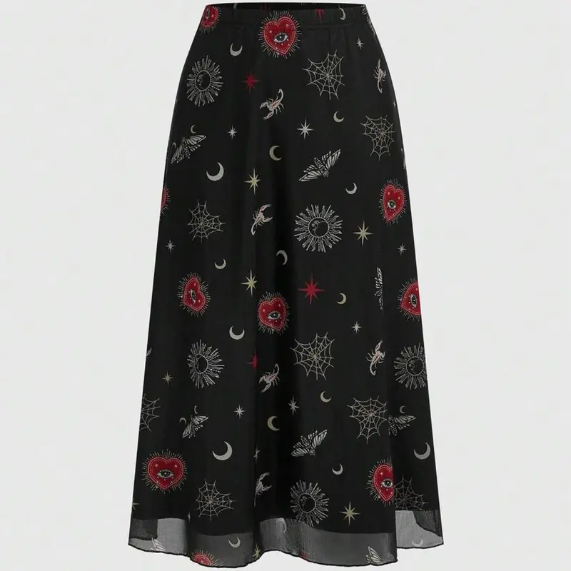 Gothic Women's Vintage Sun Moon Star Eye Print Skirt, Heart Shape A-Line Punk Skirt, Retro Fairy Boho Bohemian Hippie Style, All Seasons, Unique Prints, Printed Skirt, Womenswear, Boho Skirts