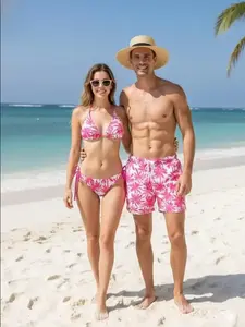 Couple Matching Palm Tree Swimwear Set – Women's Tie Bikini & Men's Beach Swim Shorts