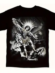 100% Cotton Archangel Michael Subduing Satan T-Shirt - Black Religious Battle Art Print Short Sleeve Crew Neck Shirt with Dramatic Michael and Satan Print. The relaxed fit is suitable for church events and everyday wear. Easter Gift.
