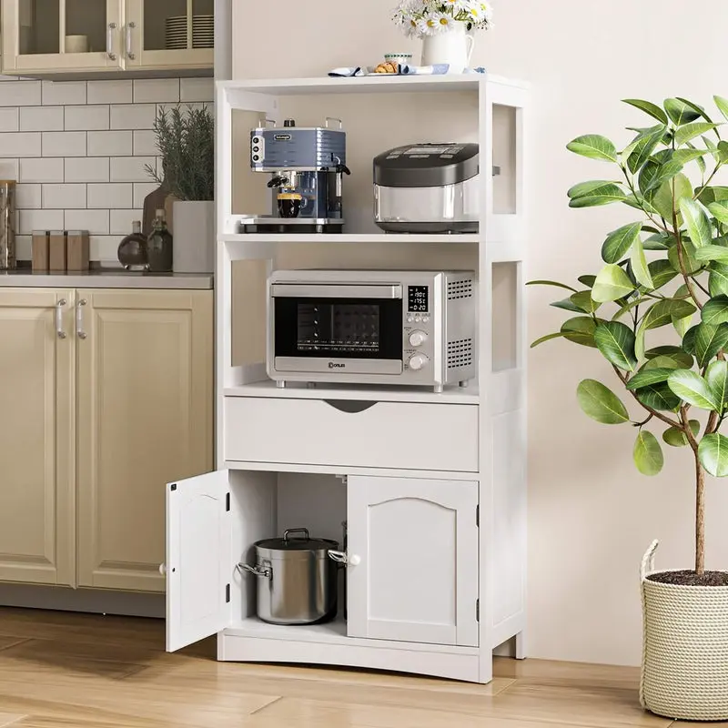 Sikaic Multifunctional Storage Cabinet - White, with Microwave Slot, Shelf + Door, Ideal for Kitchen, Bedroom, Hallway