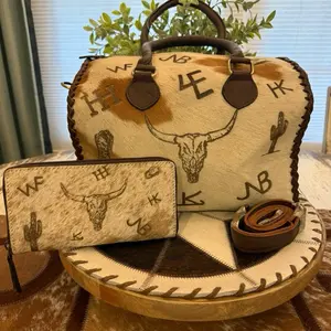 Branded Cowhide Soft Leather Speedy Handbag with Embroidered Skulls and Cacti Design