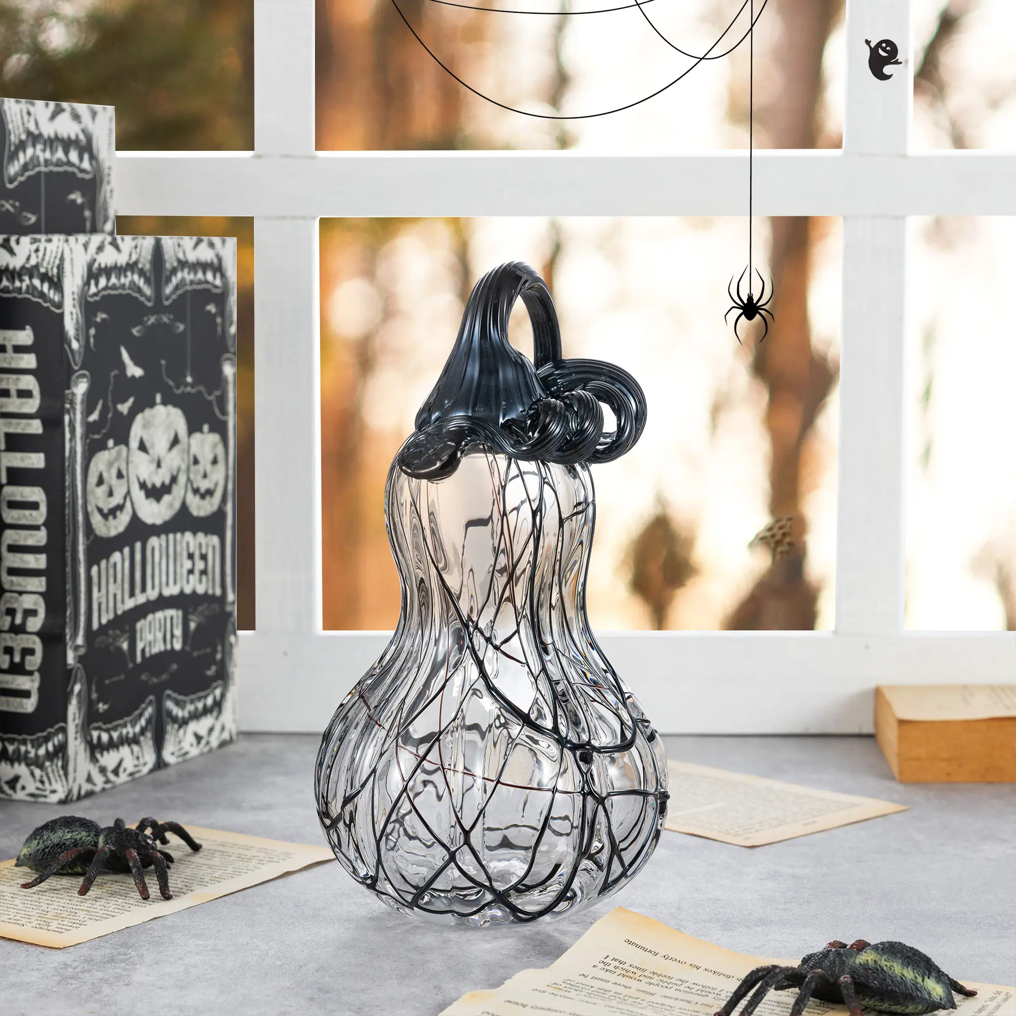 Glitzhome 9"H Black and White Abstract Glass Gourd Halloween Decor, Collectible Ornament, Home Event Supplies, Tabletop Centerpiece, Room Decor, Abstract Swirls