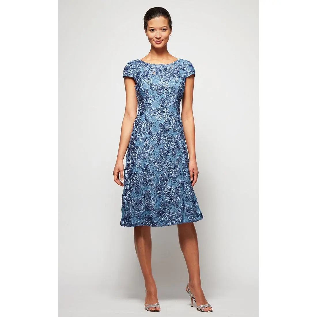 Petite Midi Cocktail Dress in Rosette Lace with Cap Sleeves