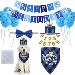 Pets Happybirthday Decoration Blue Theme with Royal Crown Bow Tie Balloons and Number Set for Dog Birthday Party