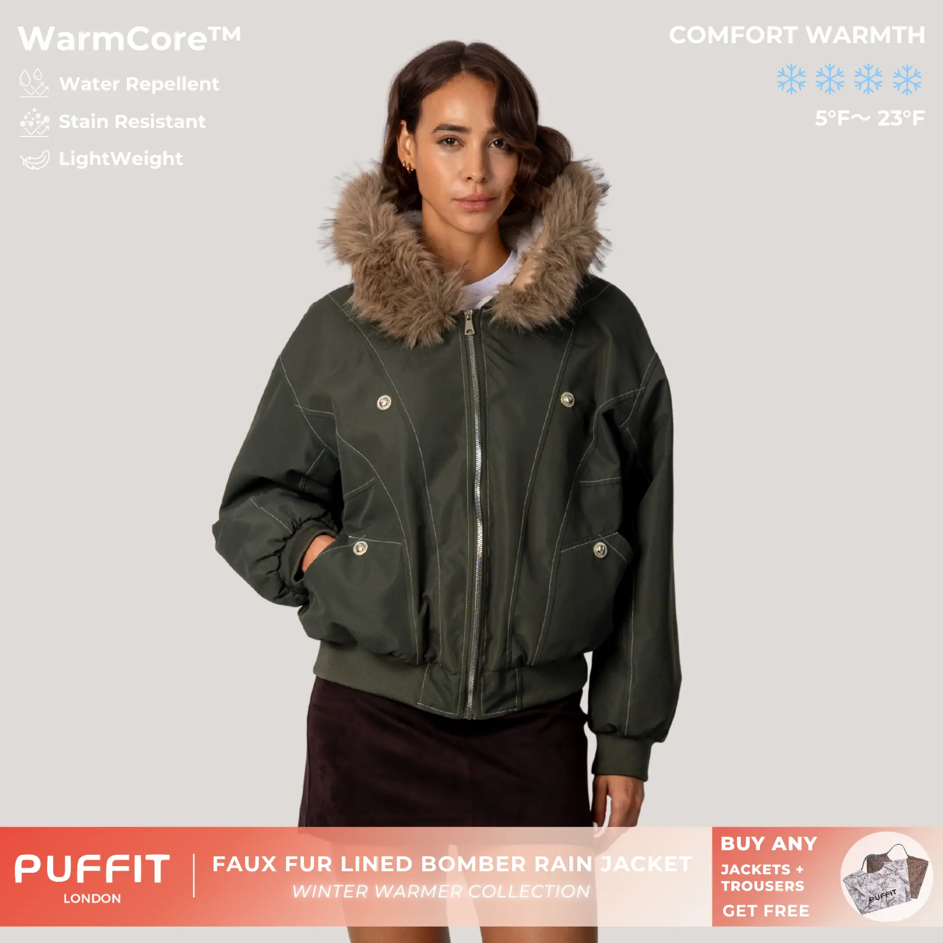PUFFIT STM-TEX Faux Fur Lined Waterproof Bomber Jacket With Faux Fur Collar Hood,Elegant And Sophisticated,Enhances Warmth,Soft And Warm,Style And Practicality,Y2K Style,Fall Winter Coat,2026 Shopping