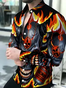 Men's Flaming Skull Mechanical Style Print Breathable Lapel Long-Sleeved Cardigan