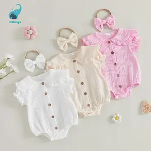 Baby Girls 2 Piece Outfits Adorable Solid Color Short Sleeve Doll Collar Romper and Headband Set