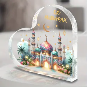 Ramadan Mubarak Heart-Shaped Acrylic Decoration Ornaments - Vintage Style Religious Eid Decoration with Mosque, Star, and Crescent - Perfect Gift for Believers, Family, and Friends - Ideal for Home and Bedroom Decoration - Islamic Family Decoration