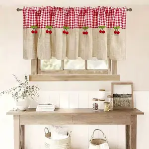 1 Piece French Country Style Red Plaid Splicing Short Curtain, Rod Pocket Top, Small Partition Curtain for Kitchen & Dining Room, Cherry Decor Short Curtain