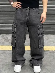 Four-season men's Classic vintage washed and distressed loose straight-leg multi-pocket work pants, non-stretch jean pants, Trouser, with a loose fit suitable for daily casual wear, urban gatherings