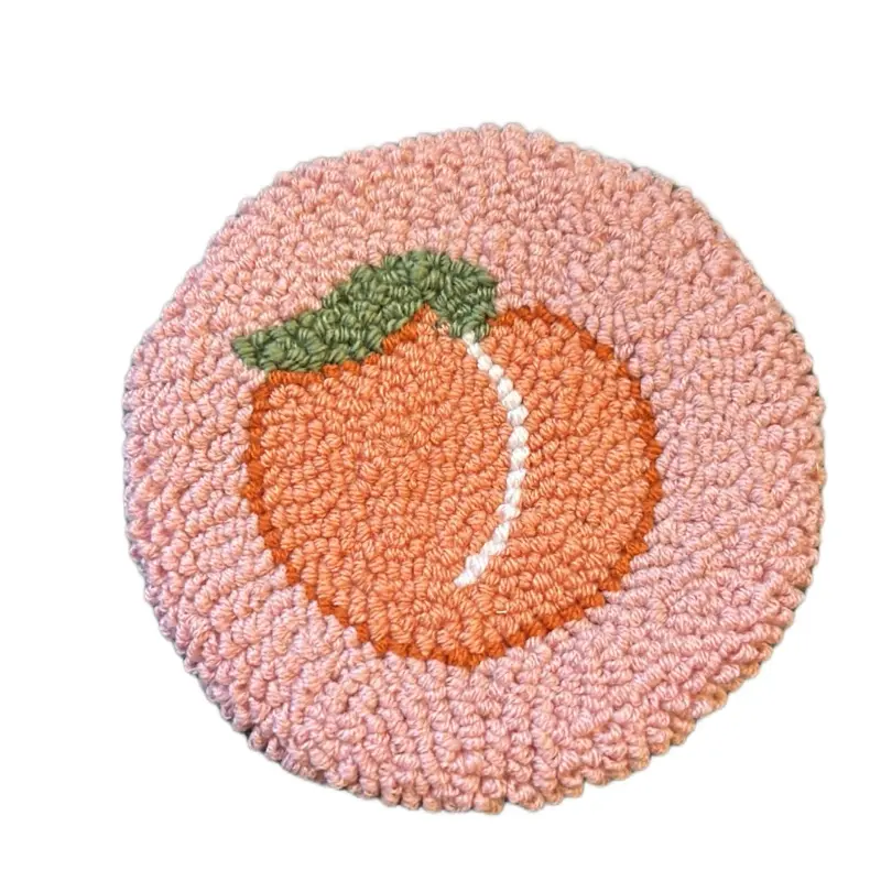Peach Punch Needle Coaster - Round Tableware with Peach Design and Green Accents