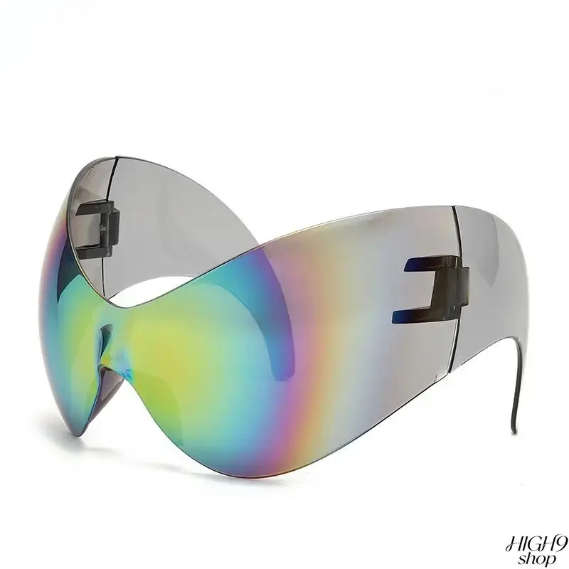 Oversized Punk Y2K 1-Piece Mirrored Sunglasses, Semi-Rimless Polycarbonate Blue Light Blocking Lenses, Futuristic Tech Beach Fashion Eyewear for Daily Wear