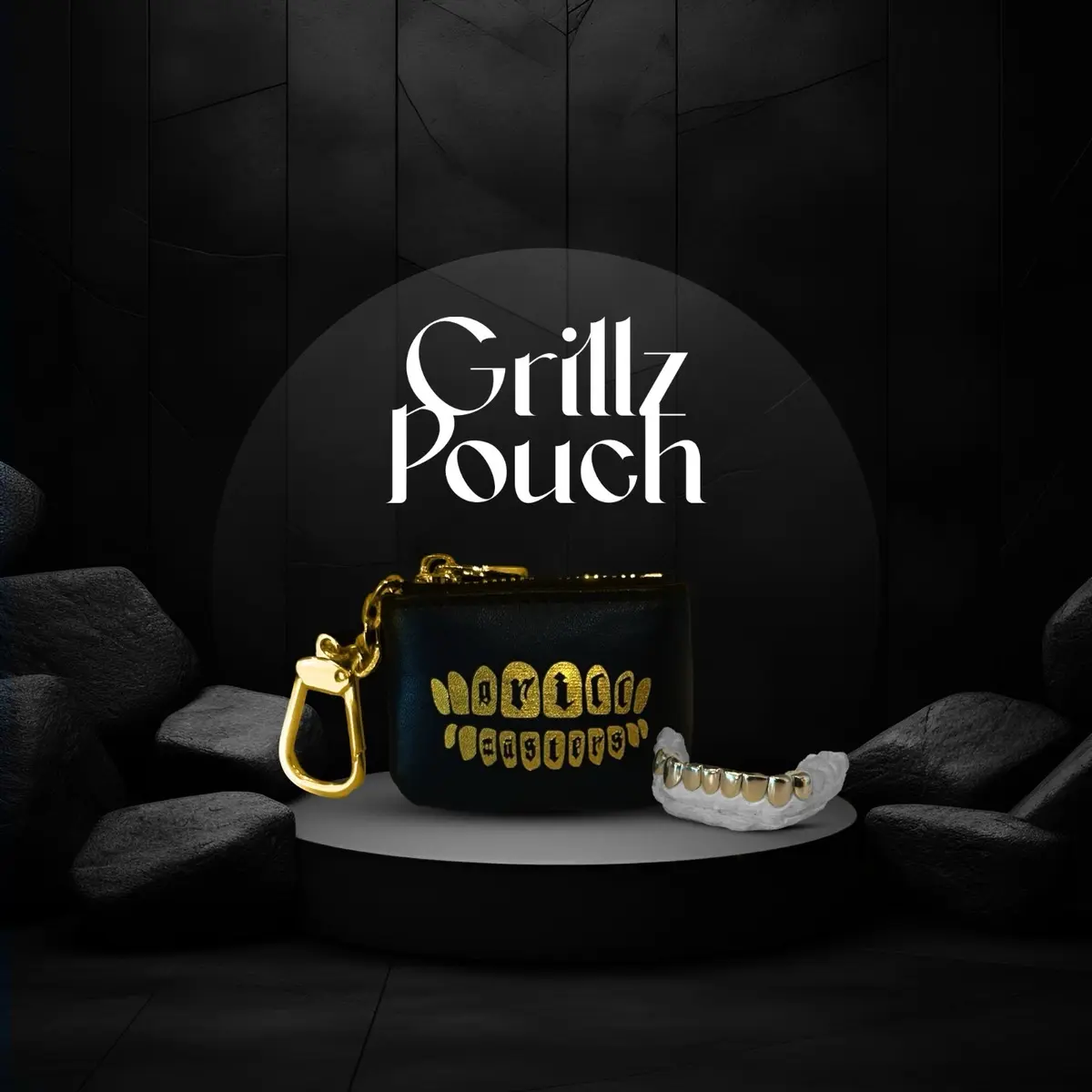 Grillz Carrying pouch to Store Gold & Diamond custom Tooth Art with attachment latch to secure onto belt loops, purses, etc. Zipper for security.
