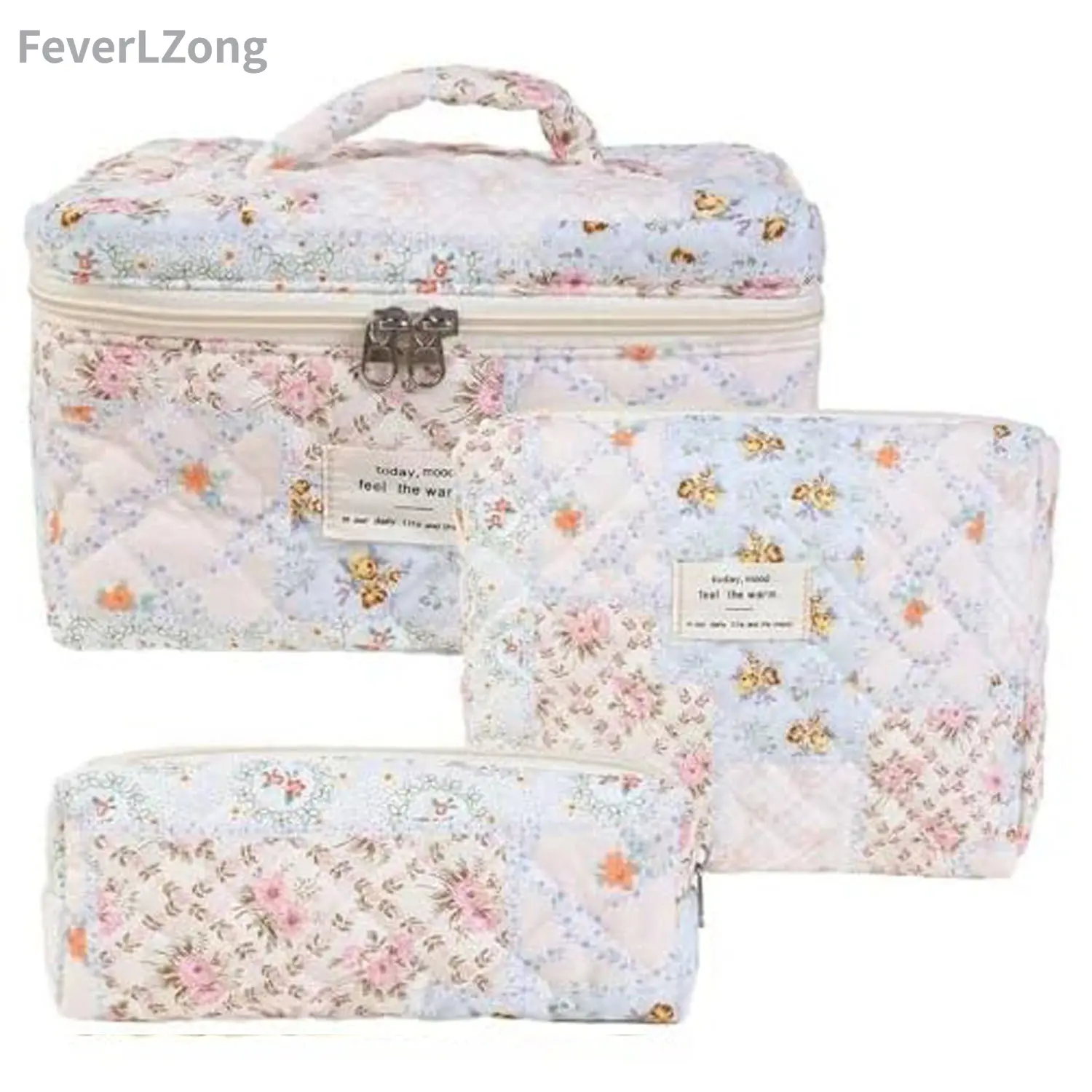 Toiletries  Organizer Makeup Bag Set, Quilted Makeup Bag, Large Floral Cosmetic Bag for Women, Cute Cotton Makeup Bags, Flower Travel Toiletry Organizer Bag