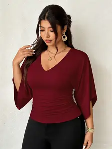 Plus Size Wine V Neck Top, Batwing Sleeve Design, Waist Pleated Cinched, Slimming Elegant Style, Commute Date Wear