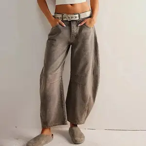 High Stretch Mid-Rise Barrel Jeans Fashion Wide Leg Shape Women Casual Baggy Mid Waist Denim Jeans