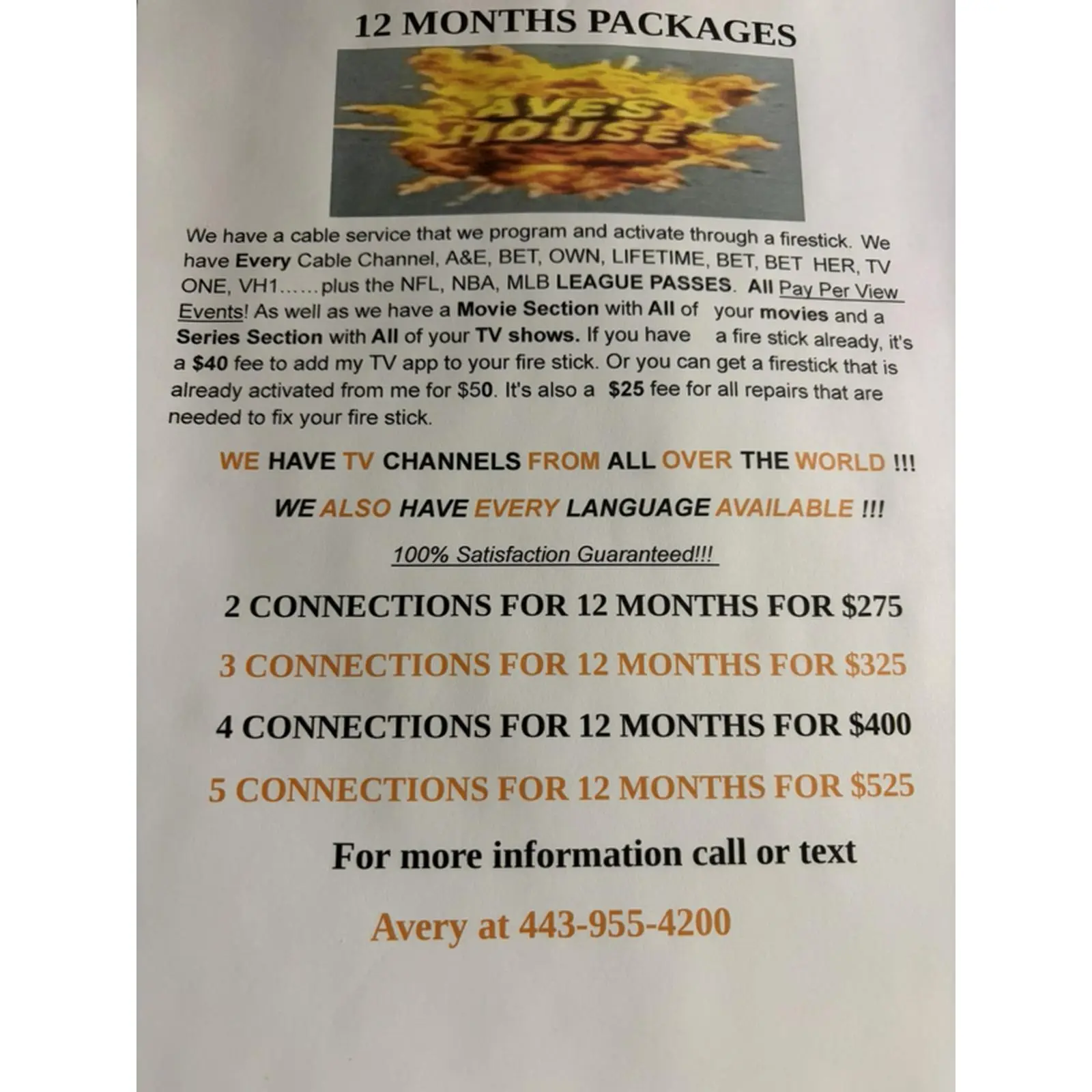 12 Months TV Packages with Global Channels & Languages 2-5 Connections for $275-$525 Avery 443-955-4200