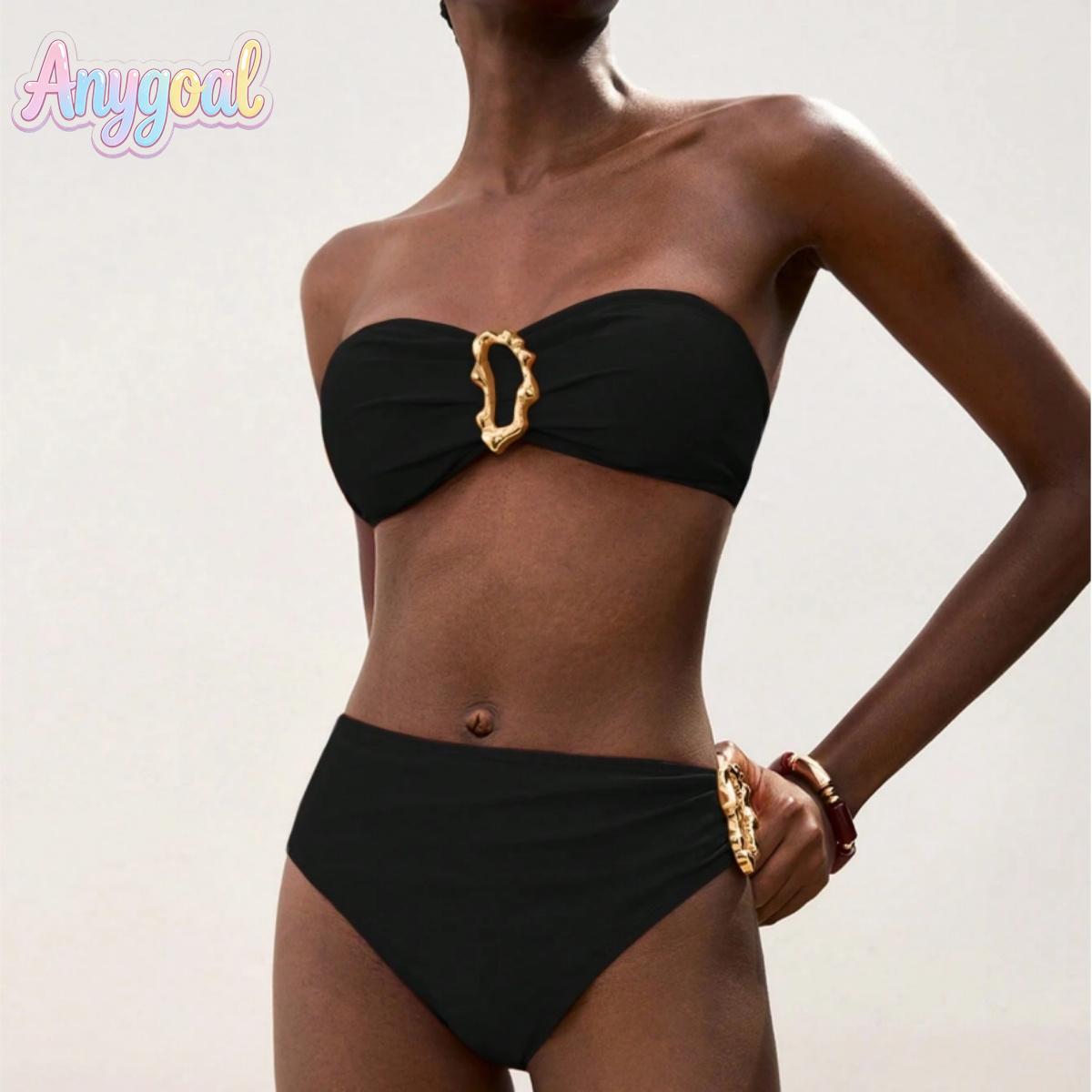 ANYGOAL Women Bandeau High Waisted Bikini Sets Smocked Swimsuit Strapless Two Piece swimsuits 2 piece affordable swimsuits swimsuit women summer swimwear bikini swimsuit set bathing suits 2026