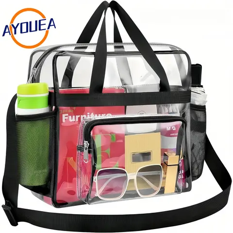 Stadium Approved Clear Crossbody Bag with Adjustable Shoulder Strap Large 11LBS Capacity Transparent Tote for Events & Travel Features Multiple Interior Compartments Secure Zipper Closure Mesh Side Bottle Pockets Sturdy Handles