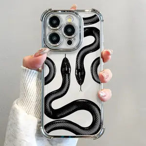 Black Snake Pattern Phone Case , Electroplated Cover with Four-Corner Airbag Shockproof Slim Soft TPU Cover for iPhone 11 12 13 14 15 16 Pro Max Plus