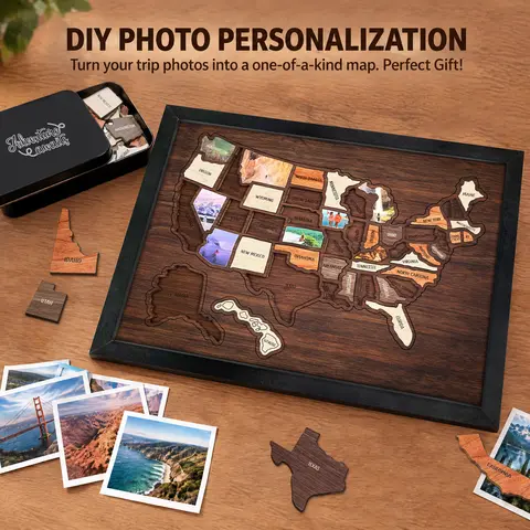 Flinelife Natural Wood USA Map Travel Tracker, 13"x11" Wall Photo Frame Puzzle, Perfect Christmas and Holiday Keepsake Gift for Family, Friends and Couples