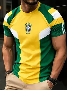 Men's Brazil-Inspired Football Shirt, Bright Soccer Jersey with 'brazil City' Logo, Casual Sports Wear for Football Lovers