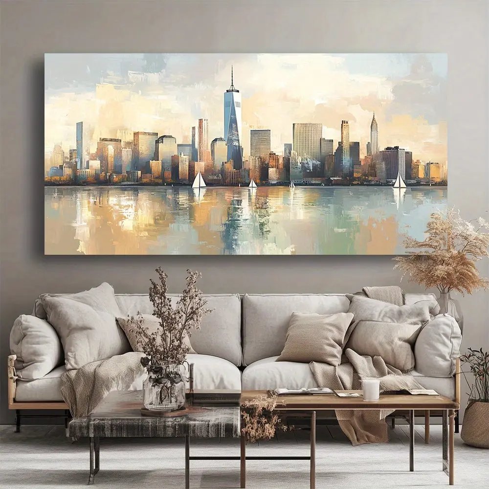 Canvas Wall Art Painting Cityscape Modern Abstract Painting Solid Wood Frame Picture Living Room Office Bathroom Bedroom Kitchen Home Decor High Quality Landscape Print on Canvas Wall Decor