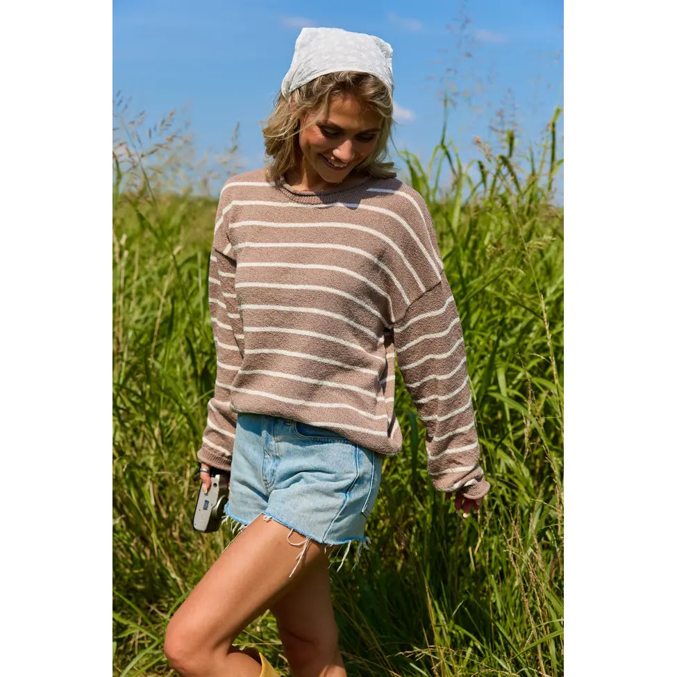 Sweet Serenity Taupe and White Striped Long Sleeve Sweater