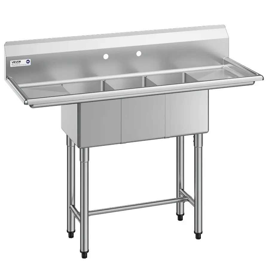 【Summerfinds】 VEVOR 3 Compartment Sink, 18-Gauge 304 Stainless Steel, 10x 14x 10 Bowl Size, 3 Bay Commercial Kitchen Prep Utility Sink with 2 Drainboards and Backsplash for Restaurant, Food Truck Home Usedealsforyoudays