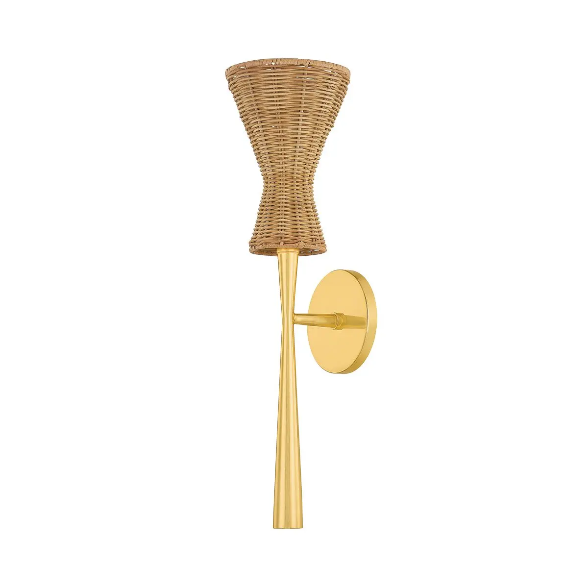 Honey Wall Sconce - Handmade Wicker Design with Aged Brass Stem, Mid-Century Modern Accent Light