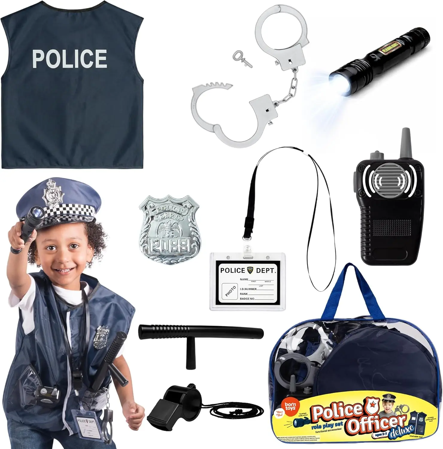 Police Officer Costume for Kids, Dress Up Set for Boys & Girls 3+ | Washable costume, includes hat, vest, badge, handcuffs, flashlight & baton, ages 3-7, ideal for career day & pretend play
