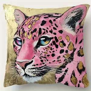 Double-sided 1pc Pink Leopard Print Pillowcase with Golden Dots and Shiny Eyes Soft Smooth Polyester Fabric Printed Design for Sofa Living Room Bedroom Office Decor Pillowcase Cover Zipper Closure Machine Washable Leopard Pattern 14x14 16x16