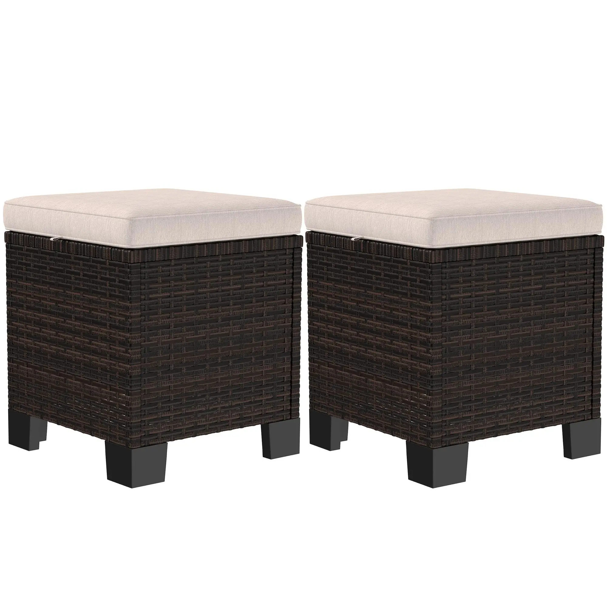 2 Piece Wicker Outdoor Ottomans with Cushions, Rattan Ottoman Footrest and Side Table for Patio, Yard, Poolside, Cream
