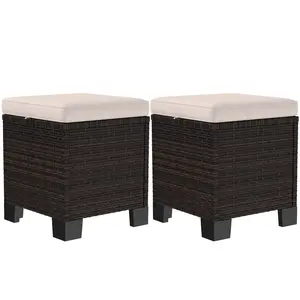 2 Piece Wicker Outdoor Ottomans with Cushions, Rattan Ottoman Footrest and Side Table for Patio, Yard, Poolside, Cream