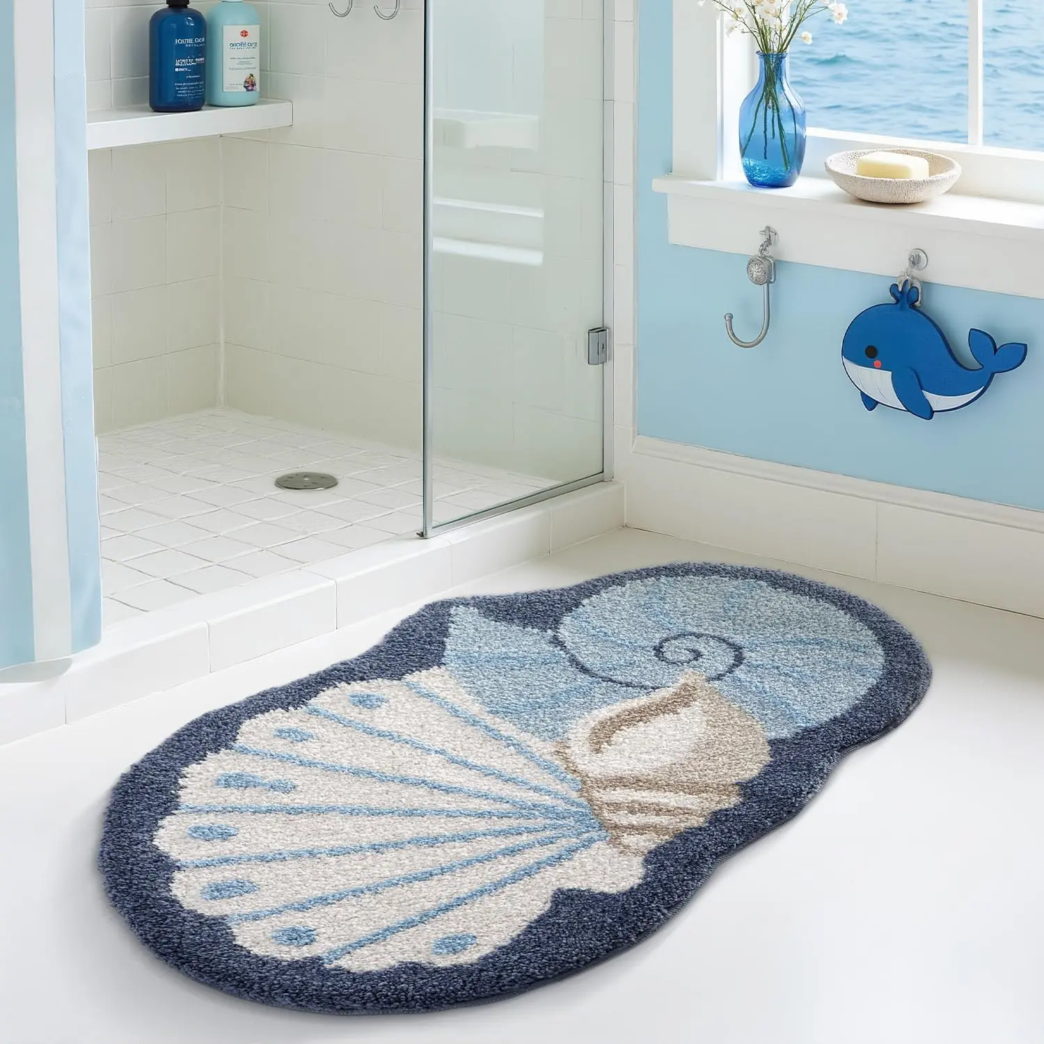 LUMI Thick Ocean Shell Beach Bathroom Rug, Non-Slip Ultra Soft Washable Absorbent Quick Dry Microfiber Mat, 20"x35" for Shower Floor, Bathroom Decor